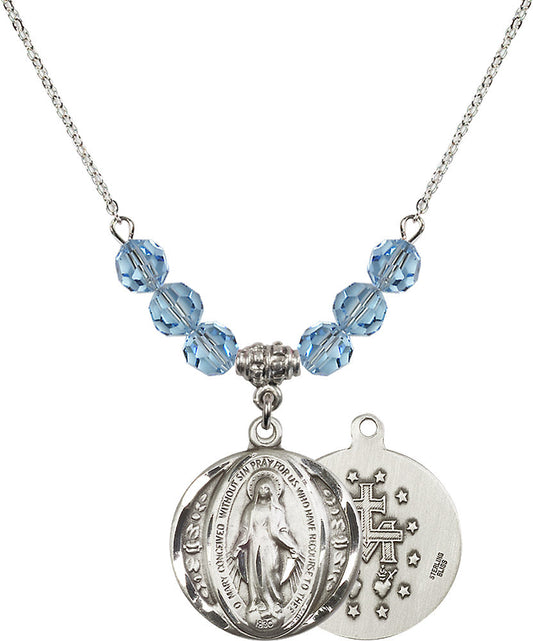 Sterling Silver Miraculous Birthstone Necklace with Aqua Beads - 0017