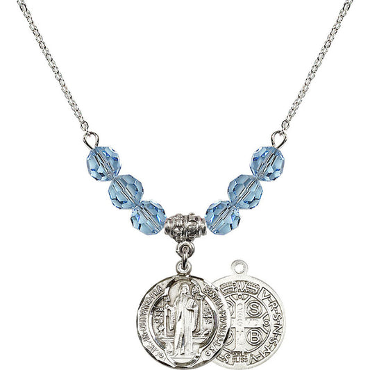 Sterling Silver Saint Benedict Birthstone Necklace with Aqua Beads - 0026