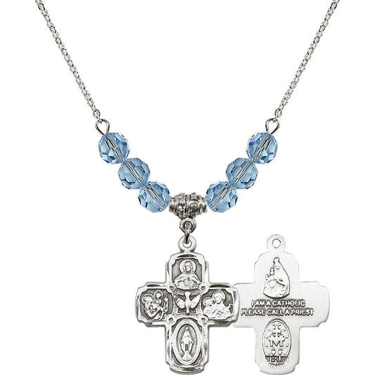 Sterling Silver 5-Way Birthstone Necklace with Aqua Beads - 0041