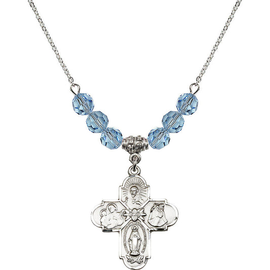 Sterling Silver 4-Way Birthstone Necklace with Aqua Beads - 0043