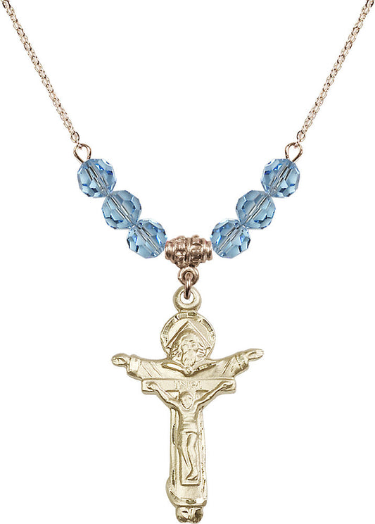 14kt Gold Filled Trinity Crucifix Birthstone Necklace with Aqua Beads - 0065