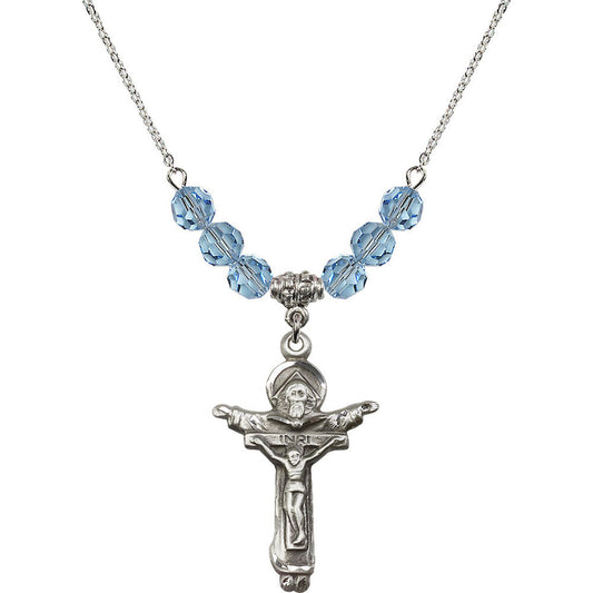 Sterling Silver Trinity Crucifix Birthstone Necklace with Aqua Beads - 0065