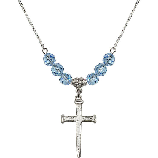 Sterling Silver Nail Cross Birthstone Necklace with Aqua Beads - 0085