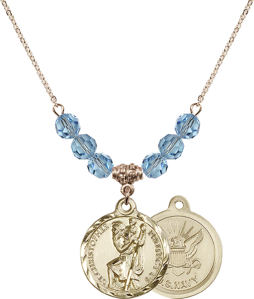 14kt Gold Filled Saint Christopher / Navy Birthstone Necklace with Aqua Beads - 0192