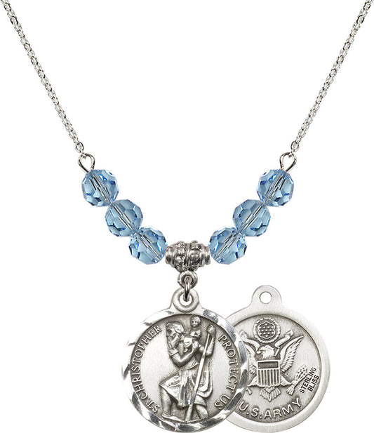 Sterling Silver Saint Christopher / Army Birthstone Necklace with Aqua Beads - 0192
