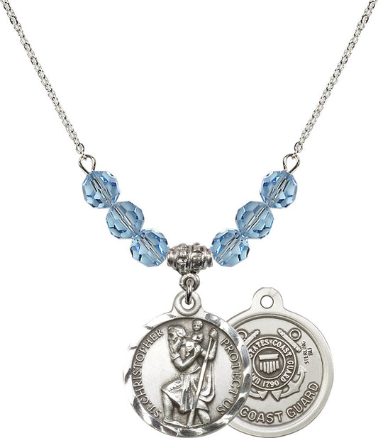 Sterling Silver Saint Christopher / Coast Guard Birthstone Necklace with Aqua Beads - 0192