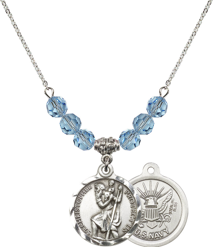 Sterling Silver Saint Christopher / Navy Birthstone Necklace with Aqua Beads - 0192