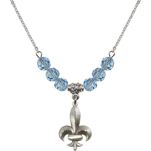 Sterling Silver Fleur de Lis Birthstone Necklace with Aqua Beads - 0294
