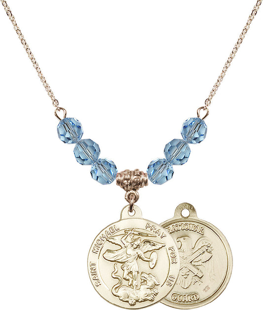 14kt Gold Filled Saint Michael / Nat'l Guard Birthstone Necklace with Aqua Beads - 0342