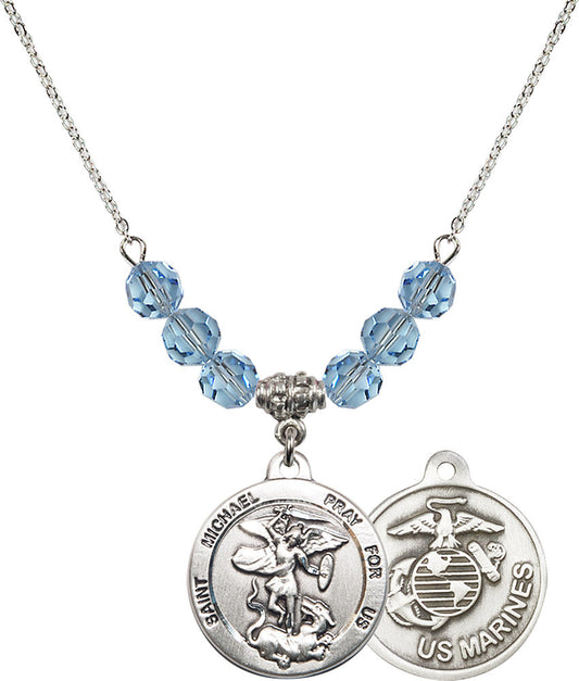 Sterling Silver Saint Michael / Marines Birthstone Necklace with Aqua Beads - 0342