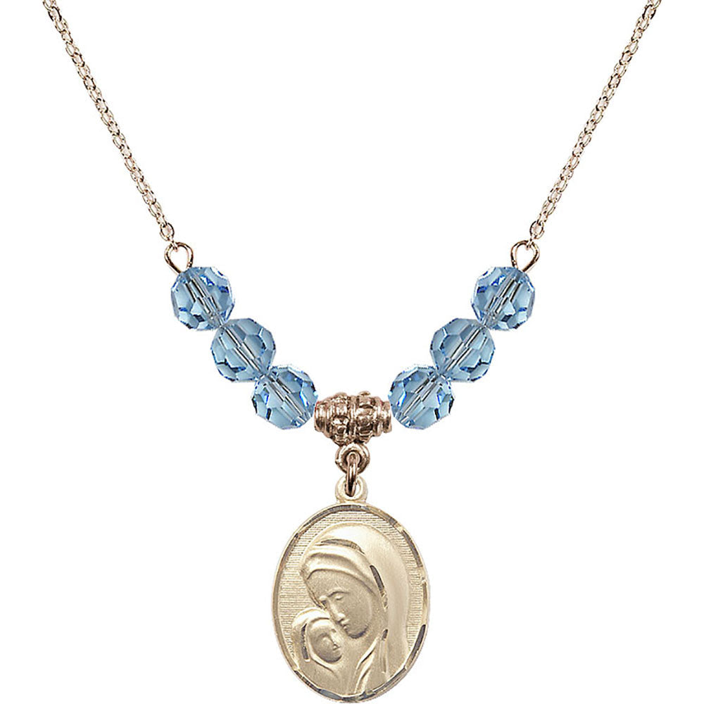 14kt Gold Filled Madonna & Child Birthstone Necklace with Aqua Beads - 0447
