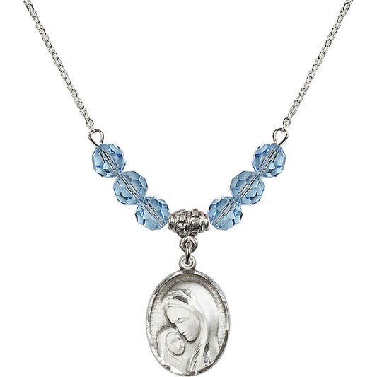Sterling Silver Madonna & Child Birthstone Necklace with Aqua Beads - 0447
