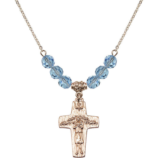 14kt Gold Filled Papal Crucifix Birthstone Necklace with Aqua Beads - 0569