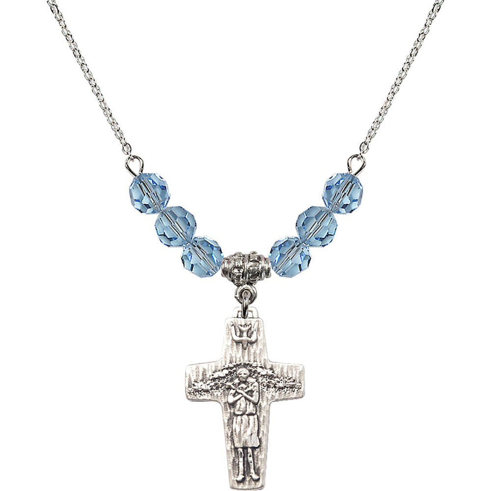 Sterling Silver Papal Crucifix Birthstone Necklace with Aqua Beads - 0569