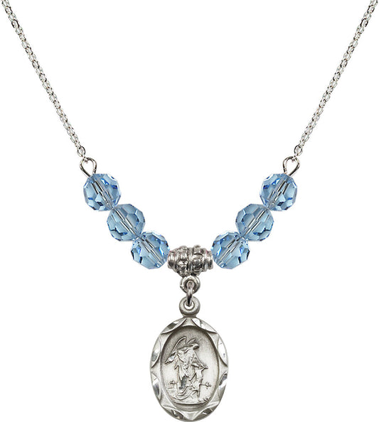 Sterling Silver Guardian Angel Birthstone Necklace with Aqua Beads - 0612
