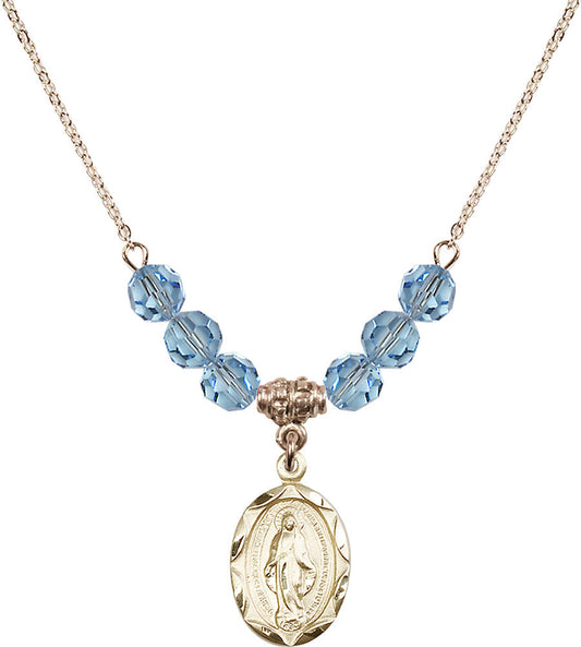 14kt Gold Filled Miraculous Birthstone Necklace with Aqua Beads - 0612