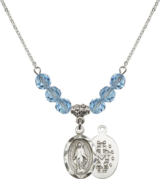 Sterling Silver Miraculous Birthstone Necklace with Aqua Beads - 0612