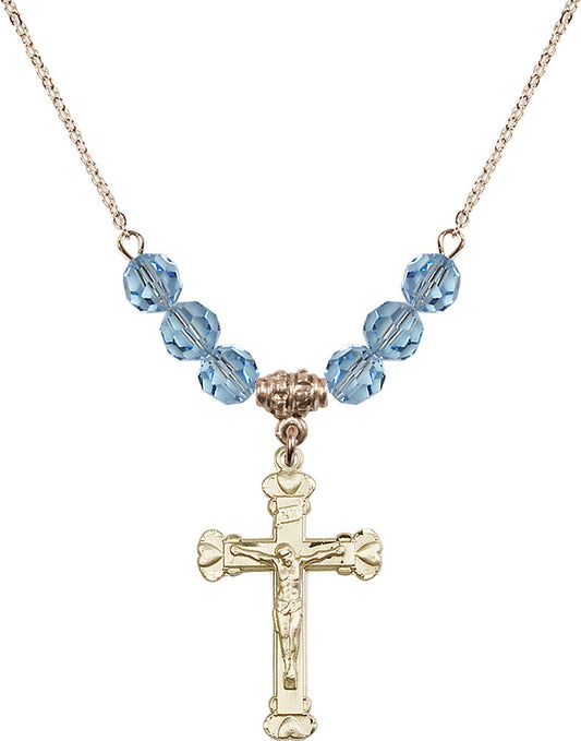 14kt Gold Filled Crucifix Birthstone Necklace with Aqua Beads - 0620