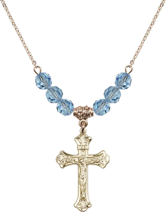 14kt Gold Filled Crucifix Birthstone Necklace with Aqua Beads - 0622