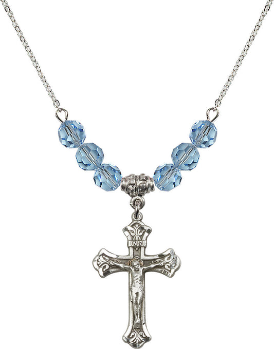 Sterling Silver Crucifix Birthstone Necklace with Aqua Beads - 0622