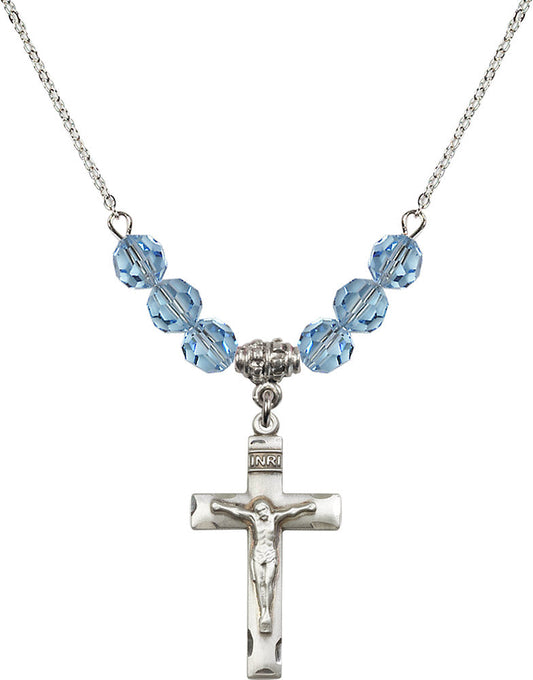 Sterling Silver Crucifix Birthstone Necklace with Aqua Beads - 0624