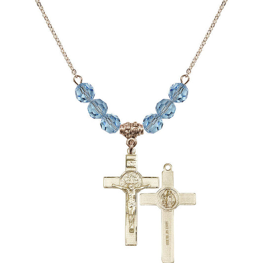 14kt Gold Filled Saint Benedict Crucifix Birthstone Necklace with Aqua Beads - 0625
