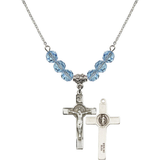 Sterling Silver Saint Benedict Crucifix Birthstone Necklace with Aqua Beads - 0625