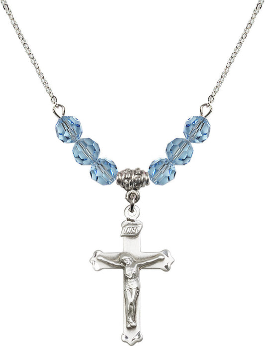 Sterling Silver Crucifix Birthstone Necklace with Aqua Beads - 0651