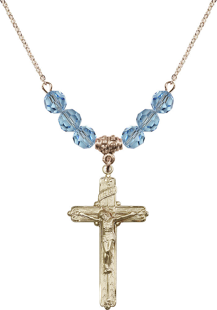 14kt Gold Filled Crucifix Birthstone Necklace with Aqua Beads - 0655