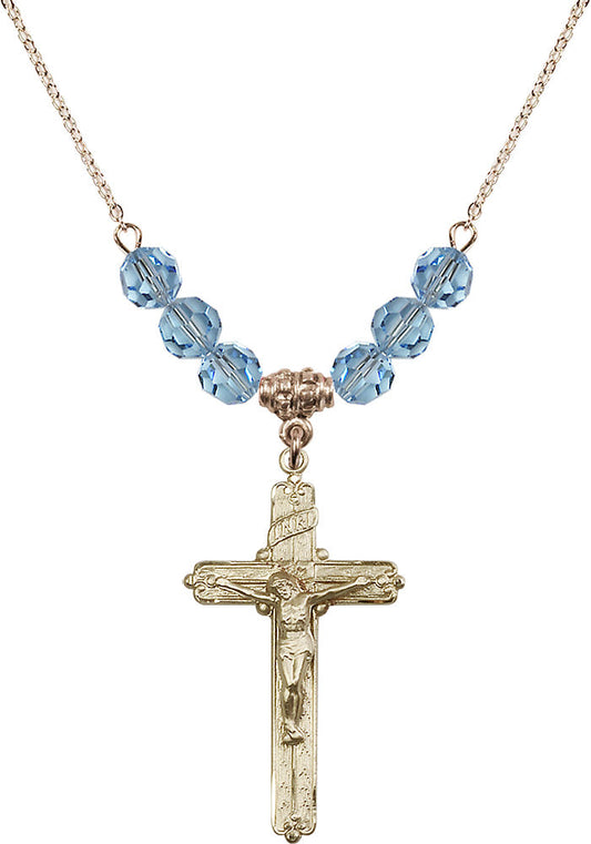 14kt Gold Filled Crucifix Birthstone Necklace with Aqua Beads - 0655