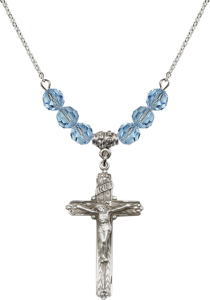Sterling Silver Crucifix Birthstone Necklace with Aqua Beads - 0655