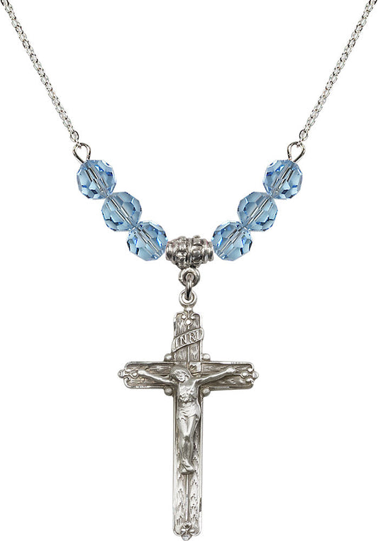 Sterling Silver Crucifix Birthstone Necklace with Aqua Beads - 0655