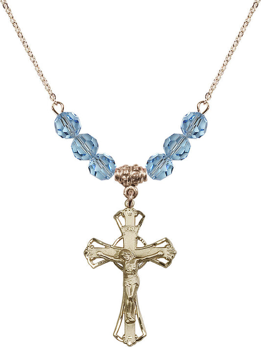 14kt Gold Filled Crucifix Birthstone Necklace with Aqua Beads - 0659