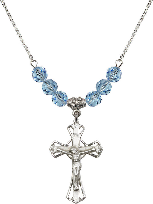 Sterling Silver Crucifix Birthstone Necklace with Aqua Beads - 0659