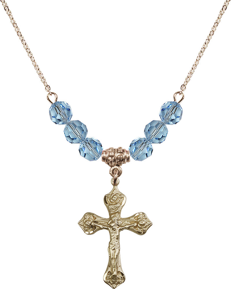 14kt Gold Filled Crucifix Birthstone Necklace with Aqua Beads - 0662