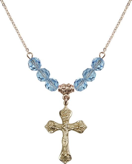 14kt Gold Filled Crucifix Birthstone Necklace with Aqua Beads - 0662