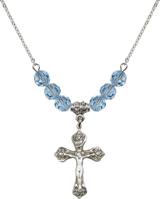 Sterling Silver Crucifix Birthstone Necklace with Aqua Beads - 0662