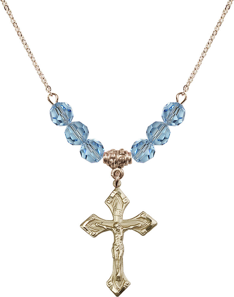 14kt Gold Filled Crucifix Birthstone Necklace with Aqua Beads - 0663