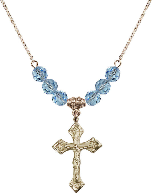 14kt Gold Filled Crucifix Birthstone Necklace with Aqua Beads - 0663