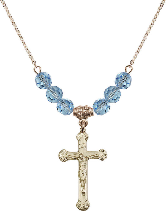 14kt Gold Filled Crucifix Birthstone Necklace with Aqua Beads - 0664