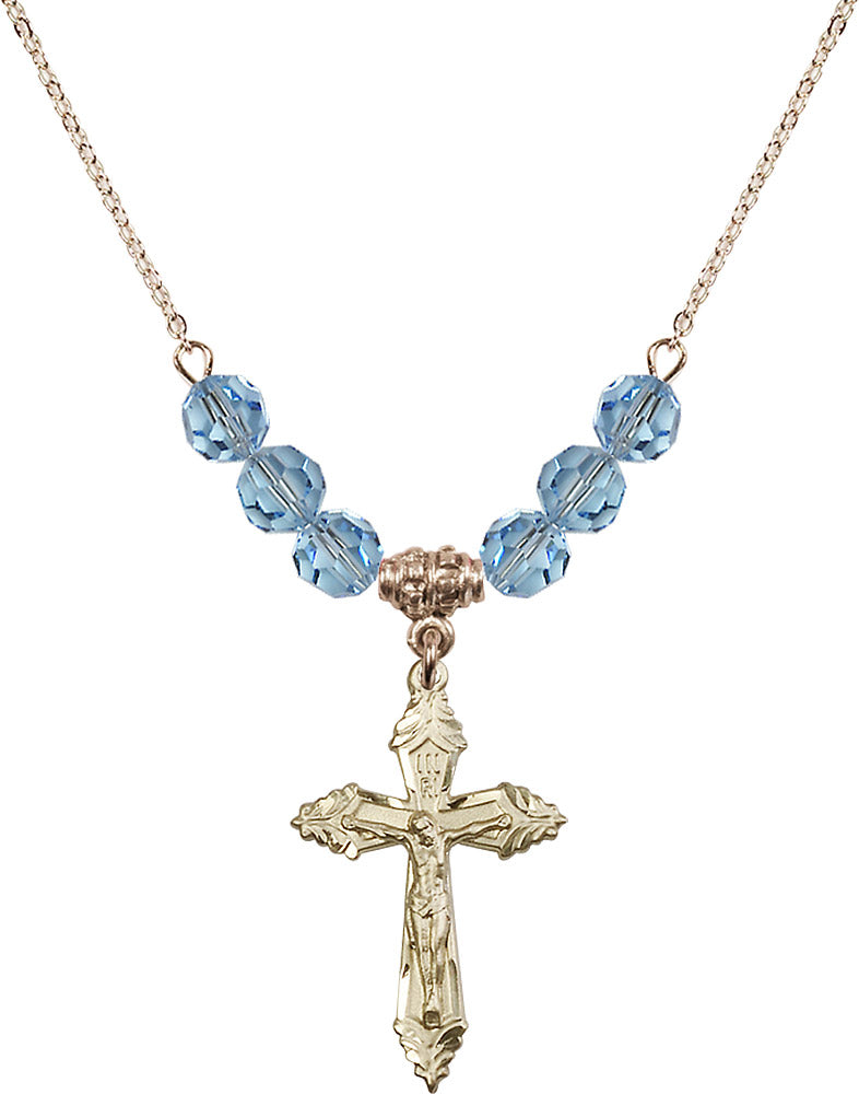 14kt Gold Filled Crucifix Birthstone Necklace with Aqua Beads - 0665