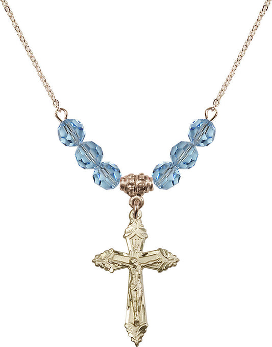 14kt Gold Filled Crucifix Birthstone Necklace with Aqua Beads - 0665