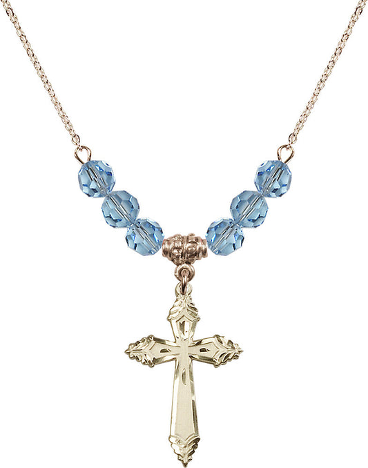 14kt Gold Filled Cross Birthstone Necklace with Aqua Beads - 0665