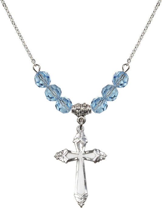 Sterling Silver Cross Birthstone Necklace with Aqua Beads - 0665