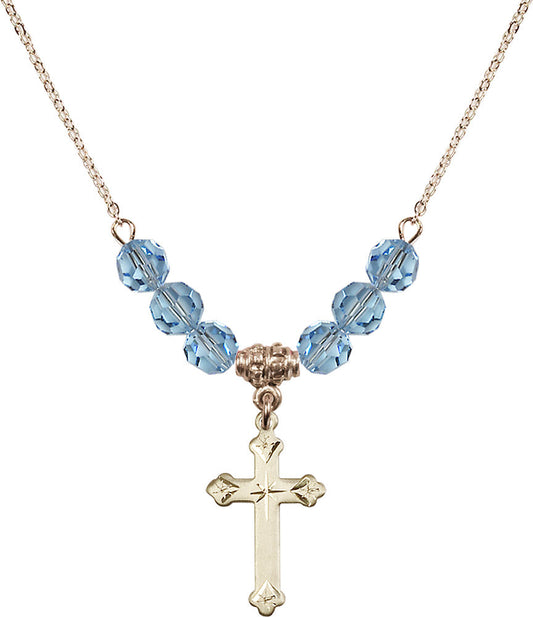14kt Gold Filled Cross Birthstone Necklace with Aqua Beads - 0667