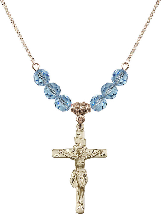 14kt Gold Filled Crucifix Birthstone Necklace with Aqua Beads - 0668