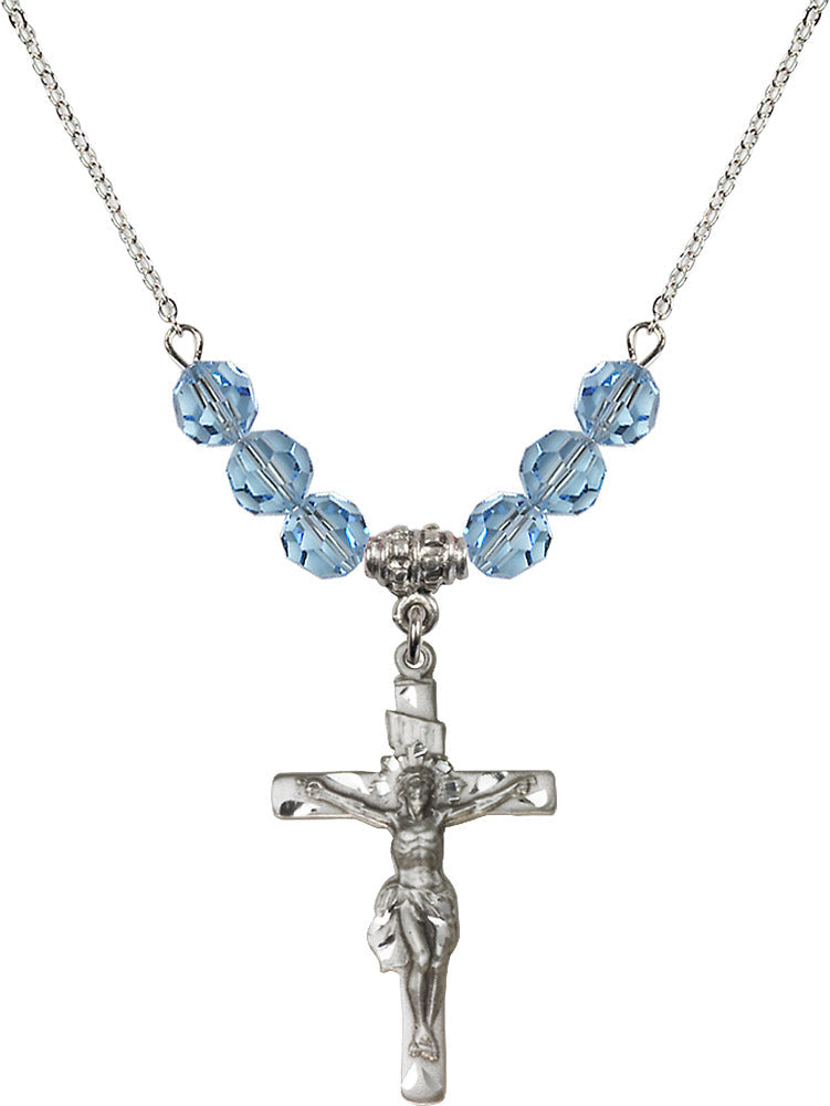Sterling Silver Crucifix Birthstone Necklace with Aqua Beads - 0668