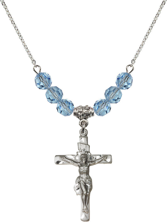 Sterling Silver Crucifix Birthstone Necklace with Aqua Beads - 0668