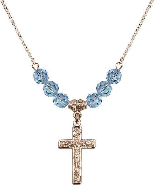 14kt Gold Filled Crucifix Birthstone Necklace with Aqua Beads - 0673