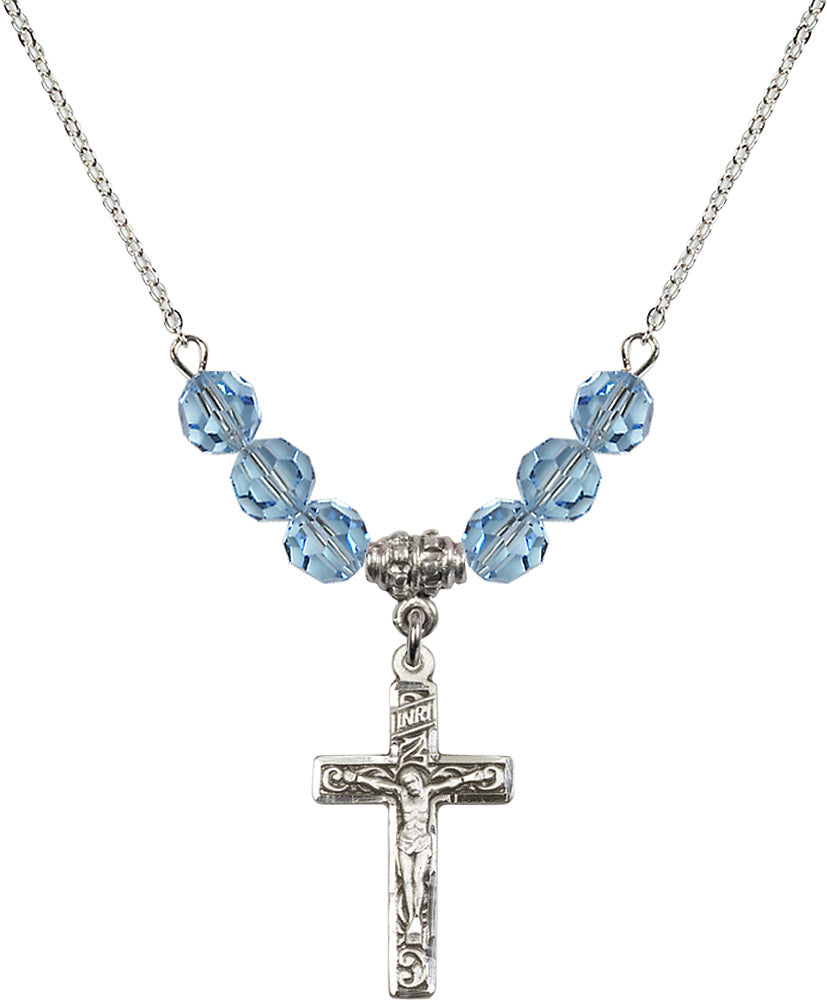 Sterling Silver Crucifix Birthstone Necklace with Aqua Beads - 0673